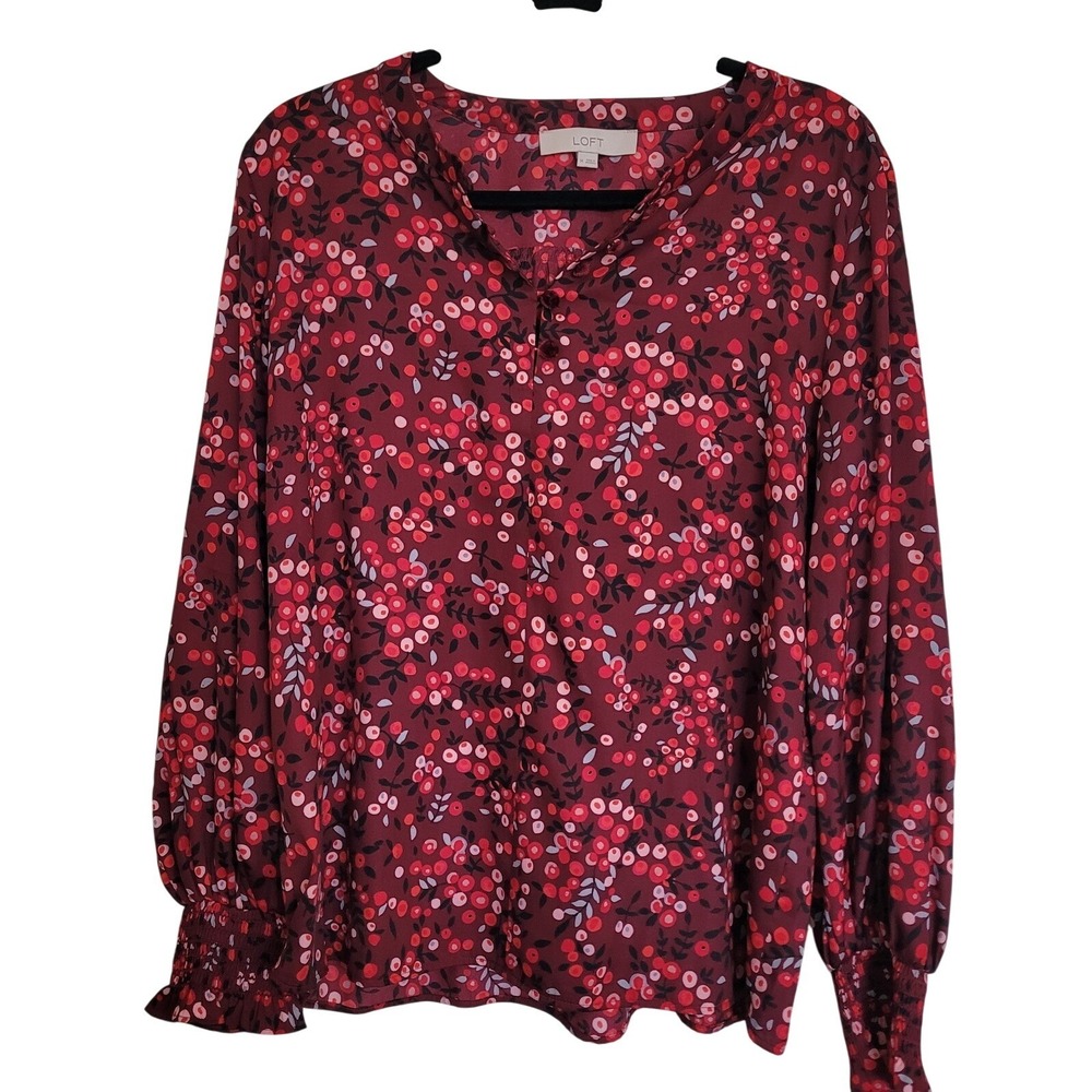LOFT Floral Button V-Neck Blouse M Red Pink Black Long Sleeve Multicolor